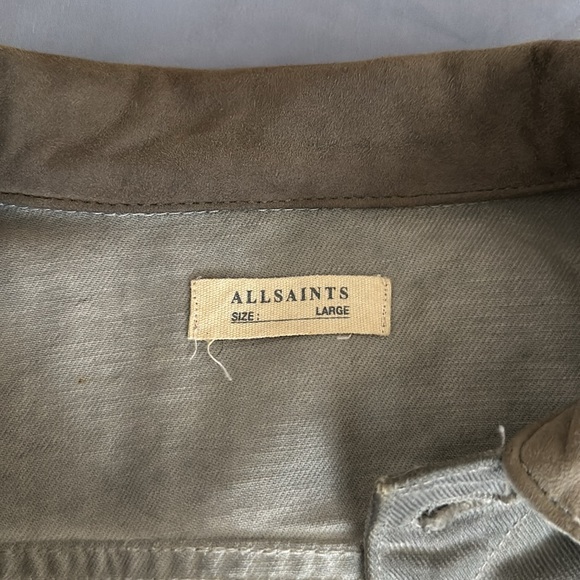 RARE All Saints Gray Denim Jacket Suede Collar large - Picture 3 of 5
